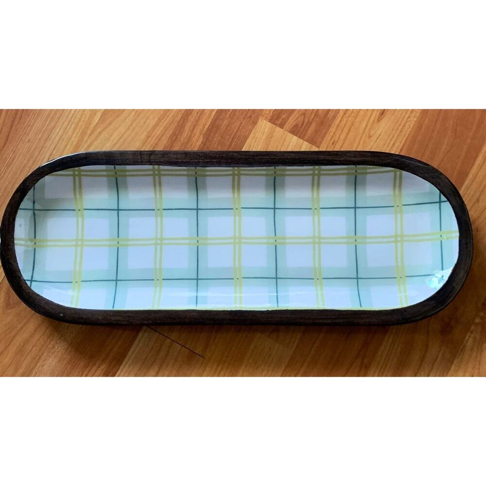 Dolly Parton Mango Wood Plaid Oblong Serving Tray Farmhouse Decor (16" x 6")